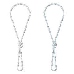 Long pearl necklace of white and light blue beads with realistic reflection and shadow. Knotted thread in retro style. Isolated vector element for jewellery design, gift for women, femininity symbol.