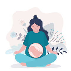 Pregnant woman sitting in lotus position. Yoga for pregnant. Relaxation, female character meditating in yoga asana. Maternity, embryo in belly. Happy and healthy pregnancy.