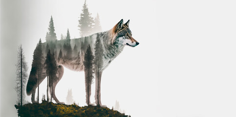 Generative AI illustration of wolf and forest double exposure