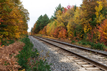 Sainte Ursule, Canada,  10-12-2022.  Railway with fall colors in background near Sainte Ursule...