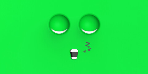 Green face of sleeping cute character. Cute face. relaxation. sleep and rest. Horizontal image. Banner for insertion into site. 3d image. 3D rendering.