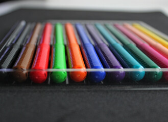 Plastic Tray With Colorful Felt Tipped Pens Angle View Closeup Stock Photo 
