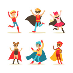 Little Girl and Boy Wearing Costume of Superhero Pretending Having Power for Fighting Crime Vector Set