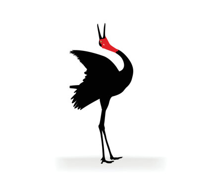 Crane silhouette, vector drawing. Illustration of a red-necked and headed crane, posing beautifully. Vector illustration.