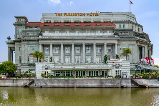 Southeast Asia, Singapore, November, 2022: The Fullerton Hotel front in Singapore. Fullerton Hotel was converted from an old post office.