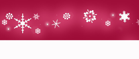 Christmas festive bright banner. White snowflakes fly on a bright background.