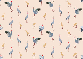 Fototapeta na wymiar beautiful hand drawn exotic flamingo, crane birds wallpaper Beautiful seamless background.