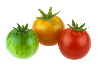 Cherry tomatoes in three different colors - red, yellow and green, PNG isolated on transparent background