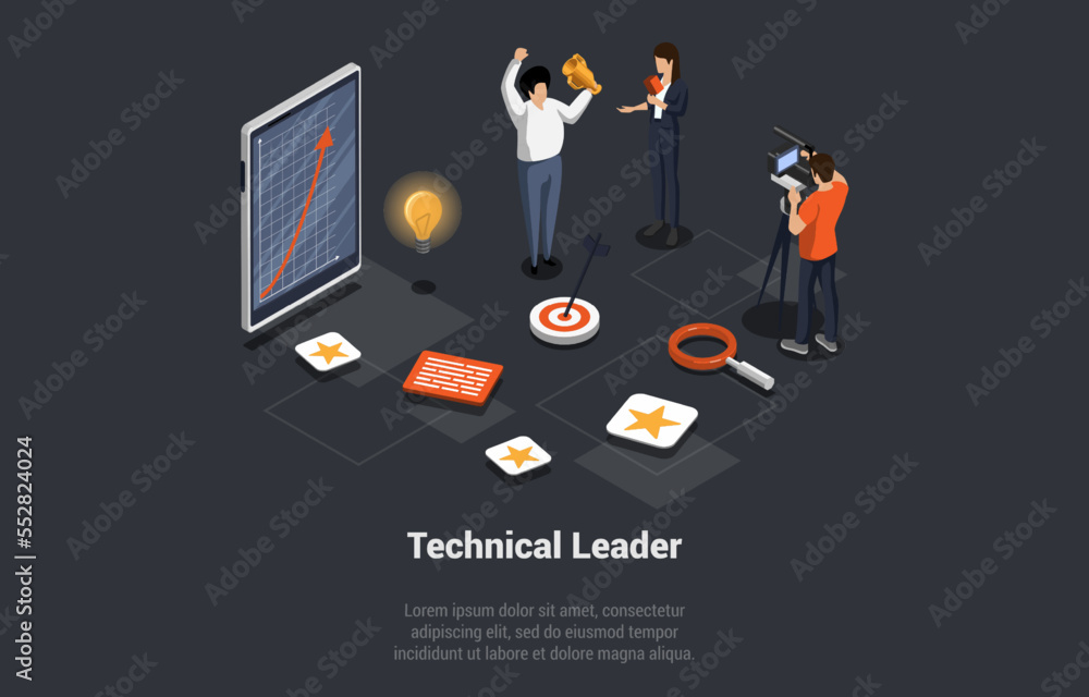 Poster concept of creative teamwork and technical leader. successful man team leader is standing with cup i