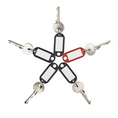 Keys with red and black tags in a form of star, PNG isolated on transparent background	
