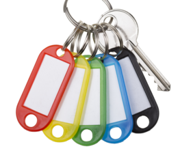 One key with five tags, PNG isolated on transparent background