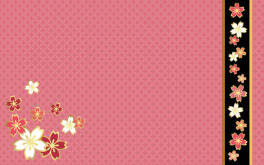 桜の花と黒ベースの桜の帯　七宝柄のピンク色の背景