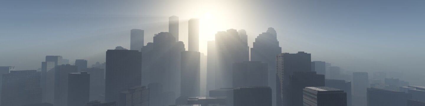 Modern city with skyscrapers in the rays of the rising sun, sunset over the city, skyscrapers with light rays, 3d rendering