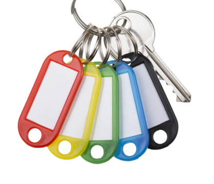 One key with five tags, PNG isolated on transparent background