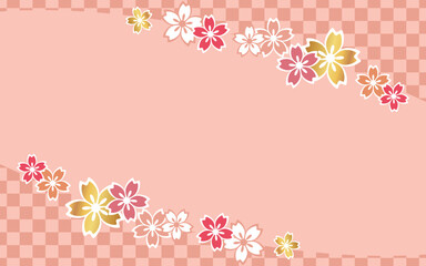 上下に桜と格子柄　ピンク色の背景