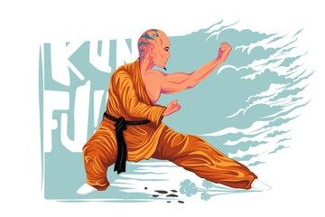 Chinese vector shaolin monk in kung fu pose, wearing an orange traditional dress .Kung fu fighter vector illustration