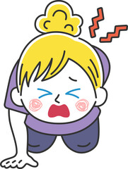 腰痛で立ち上がれない、髪を束ねた、白人女性のイラスト