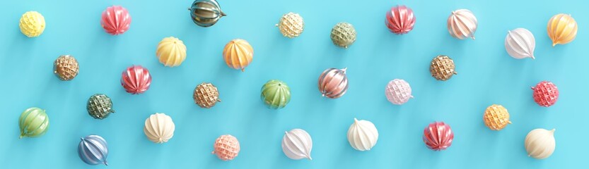 Christmas Decoration ball on Blue Colorful Top View. Many Different Colors. 3D Render. Flat lay.