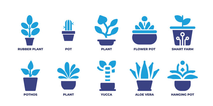 Plant pot icon set. Duotone color. Vector illustration. Containing rubber plant, plant, flower pot, smart farm, pothos, aloe vera, hanging pot.