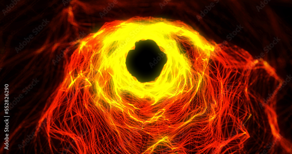 Poster abstract background with orange fiery tunnel with waves and lines from triangles and points of energ