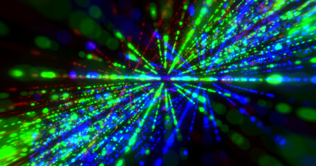 Bright glowing multi-colored beautiful laser lines from dots and particles with blur rainbow effect background space dark abstract design