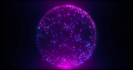 Sphere circle ball made of small luminous flying particles dots grains of sand purple shiny bright festive. Abstract background. Screensaver