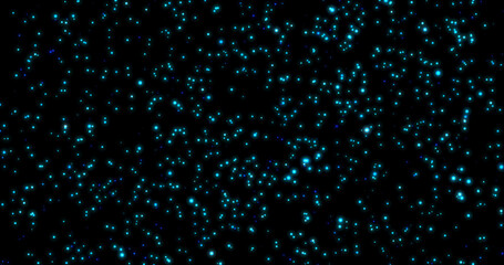Christmas New Year snowfall from small glowing flying snowflakes particles dots blue white shiny festive isolated on black background. Abstract background. Screensaver