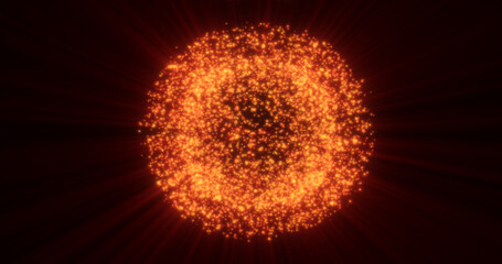 Abstract background of bright orange glowing sphere ball of shiny bright beautiful festive fireworks from particles