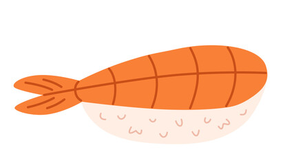 Ebi nigiri. Sushi with shrimp. Traditional Japanese food. Rice with prawn. Hand-drawn colored flat vector illustration isolated on white background.