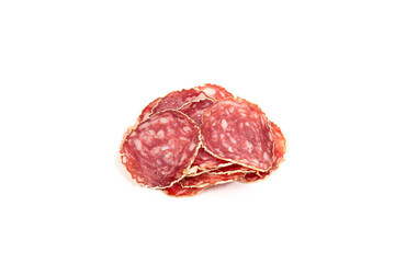 Slices of salami sausage on a white background