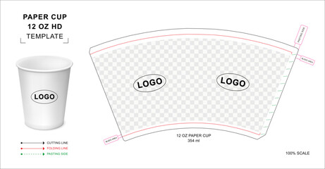 Paper cup die cut template for 12 ounce Hot Drink with 3D blank vector mockup for food packaging