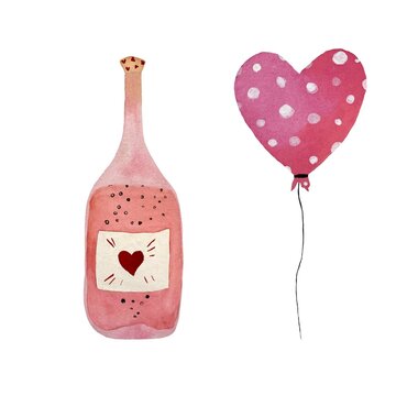 Pink bottle heart balloon cute watercolor sketch 