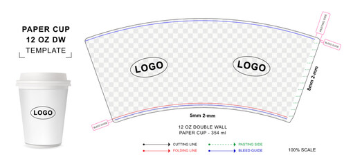 Paper cup die cut template for 12 ounce Double wall with 3D blank vector mockup for food packaging	