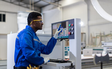 Woodworking carpenter furniture hand cutting. Man factory industry manufacturer. worker in a...