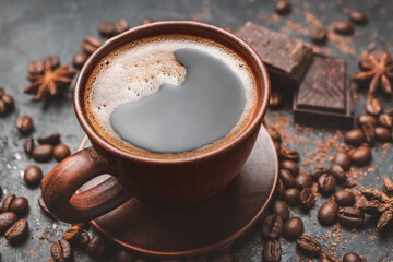 Fresh brewed black coffee in a cup on dark background with coffee beans and chocolate pieces