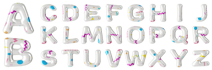 English alphabet from colorful pattern balloons isolated on transparent background