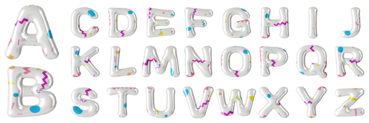 English alphabet from colorful pattern balloons isolated on transparent background