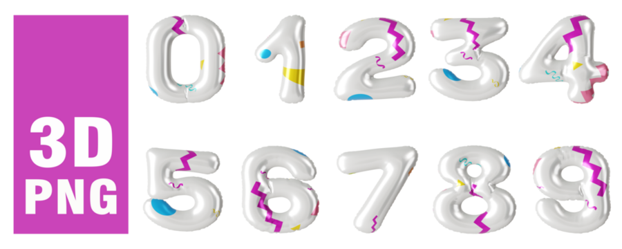 Numbers from colorful pattern balloons isolated on transparent background