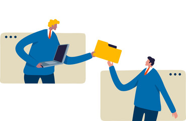 Online communication and business discussion. Two Businessman on connected screens. Send files or work remotely. Illustration