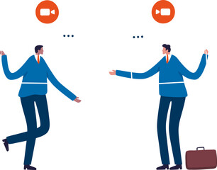 Virtual communication. Online internet chat communication. Two businessman on connected screens. Illustration