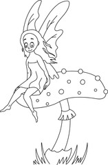 Cute coloring page for kids with cartoon fairy on mushroom. Cartoon vector illustration for children isolated on white background.