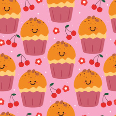 seamless pattern cartoon dessert character. cute food wallpaper for textile, gift wrap paper