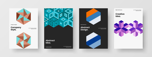 Unique journal cover design vector template collection. Multicolored geometric hexagons leaflet illustration set.