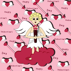 Cartoon angel on pink cloud with quiver with arrows, heart pattern with wings and inscription happy valentines day. Valentine day banner. Creative card.