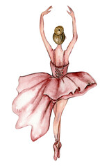 Watercolor dancing ballerina in pink dress. Isolated dancing ballerina. Hand drawn classic ballet performance, pose. Young  pretty ballerina women  illustration. Can be used for postcard and posters. 