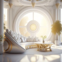 Luxuriöses Wohnzimmer mit hohen Decken in hellen super modernen Stil, ai generativ