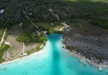 Aerial View Laguna Bacalar - the lake of seven colors. Laguna Bonanza The fresh water lake feed by...