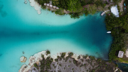 Aerial View Laguna Bacalar - the lake of seven colors. Laguna Bonanza The fresh water lake feed by cenotes. Near cancun, playa del carmen and tulum in mexico. Turquoise and blue water.Mangroves shores