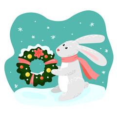 Rabbit in the snow with a Christmas wreath outdoors with snowflakes. Festive mood. Seasonal vector illustration with cute cartoon style character.