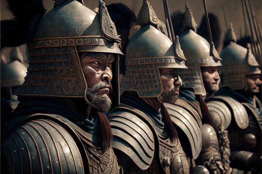 The China ancient army is preparing for battle. A formation of China ancient soldiers.. Generative AI.